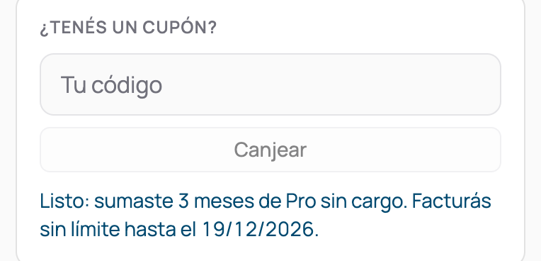 La tarjeta del cupón después de canjearlo, con el campo vacío y debajo la confirmación de cuántos meses de Pro sin cargo se sumaron y hasta cuándo
