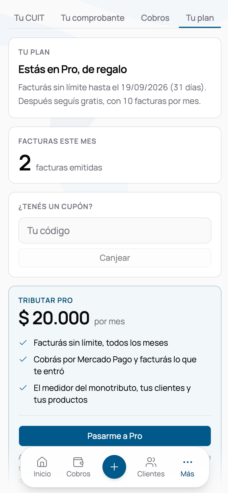 La sección Tu plan de Configuración, con el estado del plan arriba, las facturas del mes debajo y, al final, la tarjeta para escribir un cupón con su campo y su botón