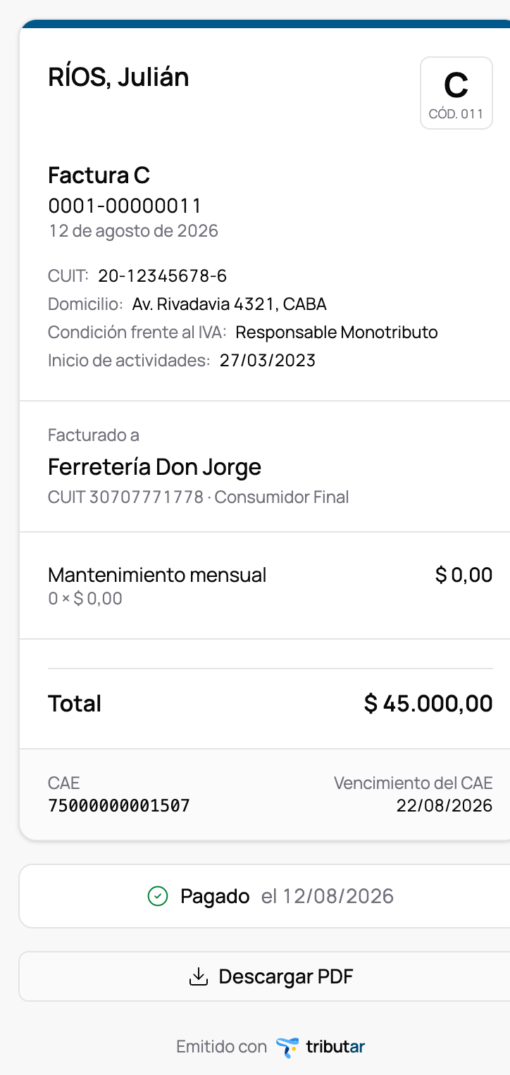 La página pública del comprobante en un teléfono, con el nombre de quien la emitió arriba y el botón para descargarla abajo