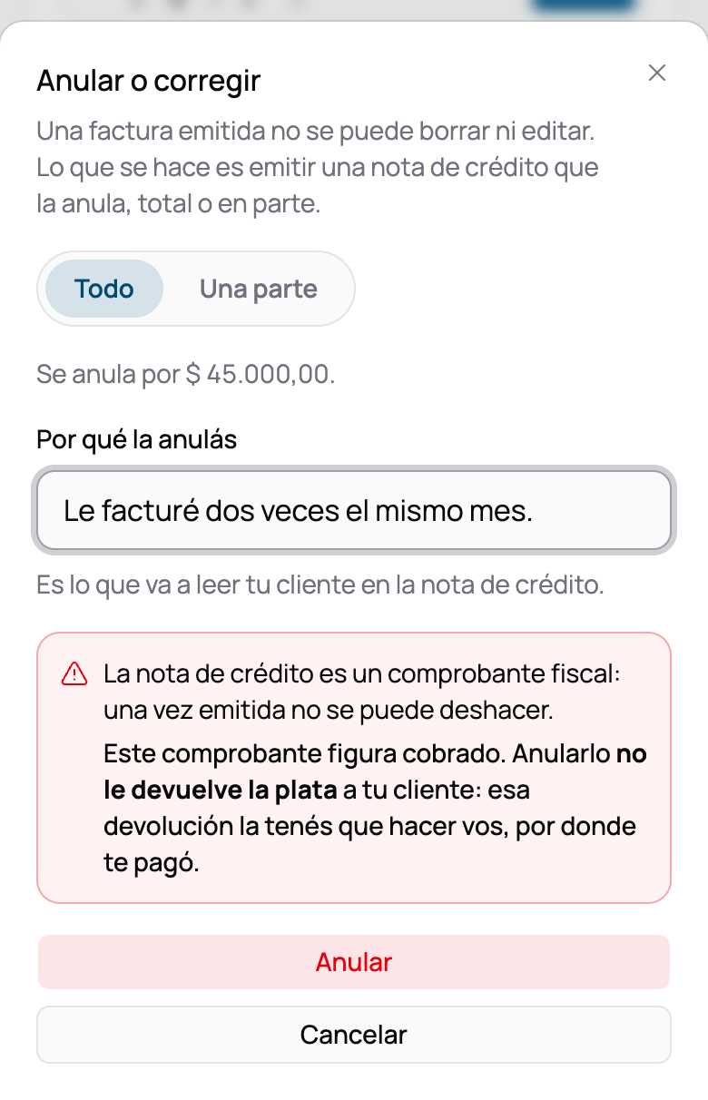 La confirmación de la anulación, con el selector de anular todo o una parte, el motivo escrito y el recuadro con las advertencias