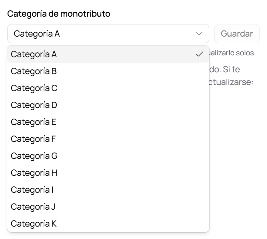El campo Categoría de monotributo con el selector abierto, mostrando las letras de cada categoría