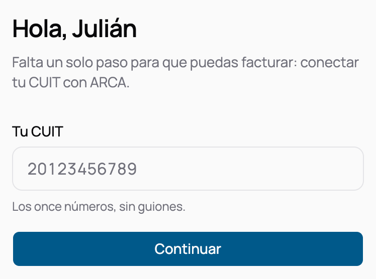 La aplicación recién entrada, con el saludo arriba, la tarjeta para cargar el CUIT en el centro y la barra de navegación abajo