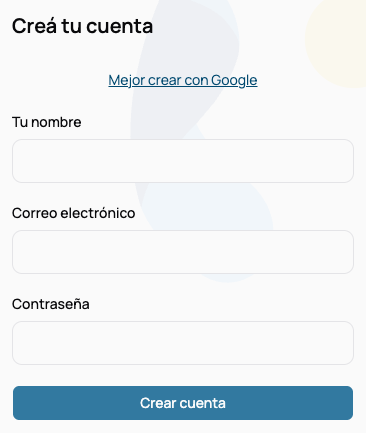 El formulario de crear cuenta desplegado, con los campos de nombre, correo electrónico y contraseña, y el botón Crear cuenta abajo
