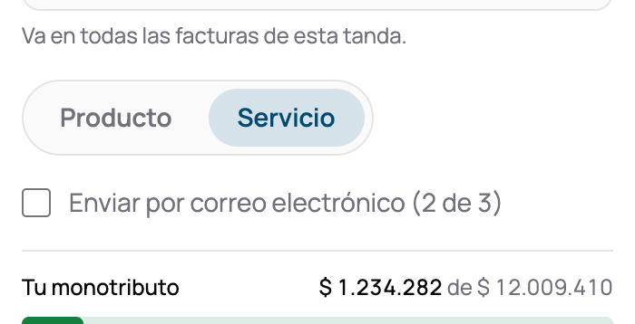 El cuadro de la tanda con el concepto elegido, el envío por correo y el bloque del monotributo con su barra y cuánto queda hasta el tope