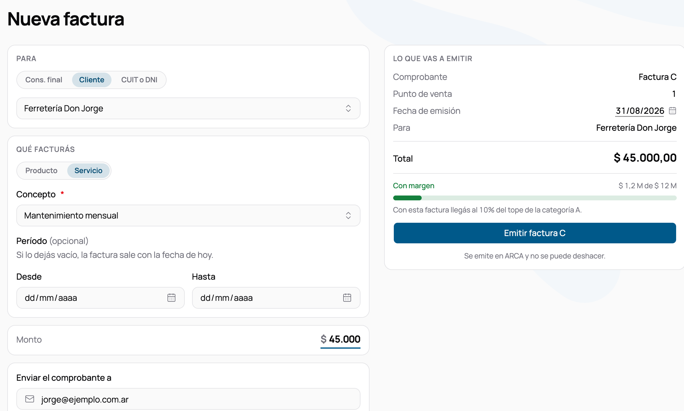 La pantalla de facturar abierta desde un cobro, con el cliente, el monto y el correo del pagador ya cargados, y el resumen de lo que se va a emitir a la derecha