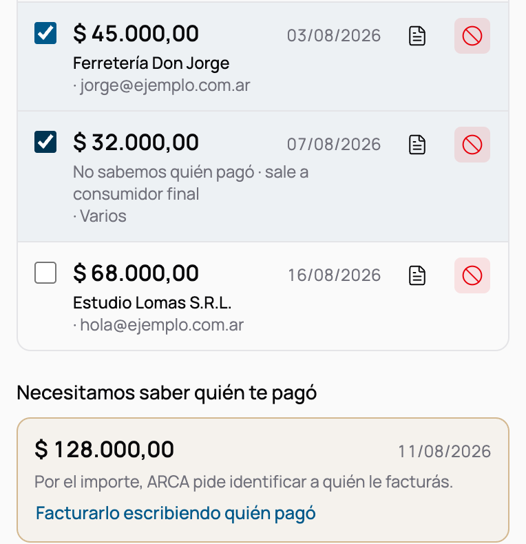 La lista de transferencias del mes con dos tildadas, y más abajo el grupo de las que necesitan saber quién pagó, con su motivo a la vista