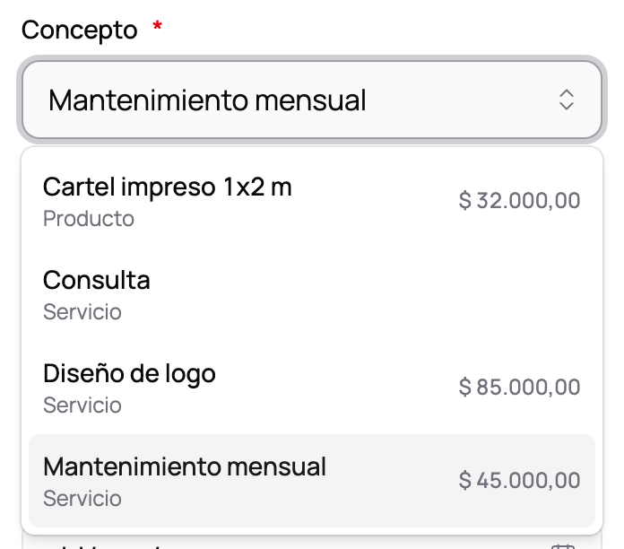 La tarjeta Qué facturás con el desplegable del concepto abierto, mostrando tres ítems guardados con Producto o Servicio debajo del nombre y su precio a la derecha