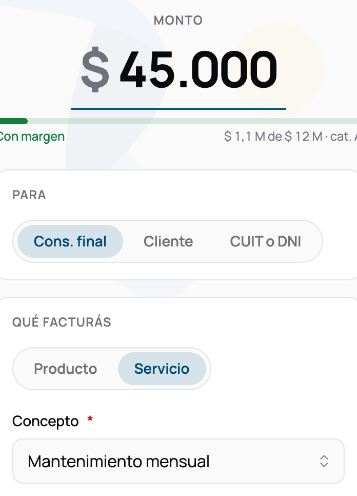 La pantalla de facturar con un ítem del catálogo ya cargado: el concepto escrito en Qué facturás y su precio puesto como monto