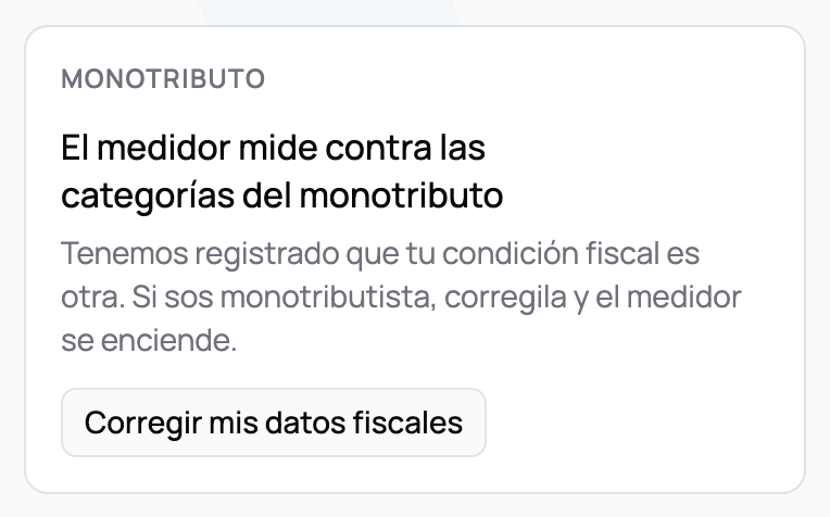 El medidor apagado en Inicio, con el texto que explica que la condición fiscal registrada no es monotributo y el botón para corregir los datos fiscales