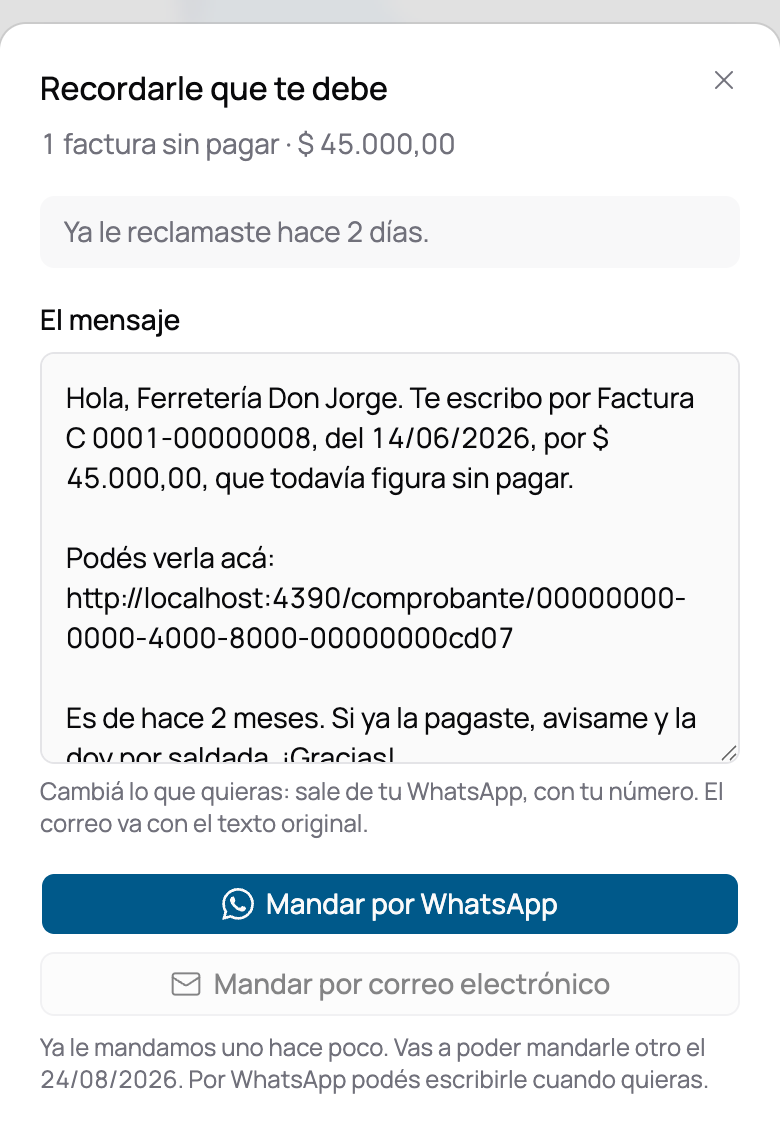 El aviso de que el correo no se puede volver a mandar todavía, con la fecha desde la que sí, y el botón de WhatsApp habilitado al lado