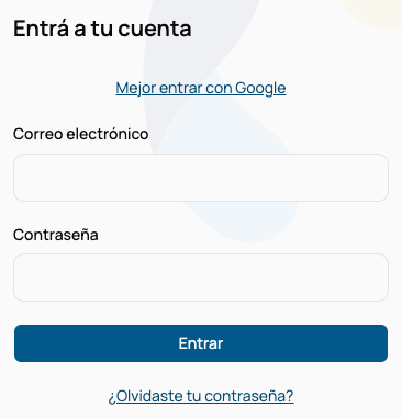 El formulario de ingreso desplegado, con los campos de correo y contraseña, el botón Entrar y debajo el enlace de contraseña olvidada