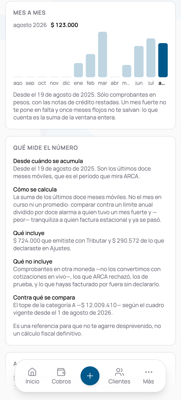 La sección Ajustes con una declaración ya cargada, con la línea que dice cuánto se declaró, en qué fecha y qué parte sigue contando