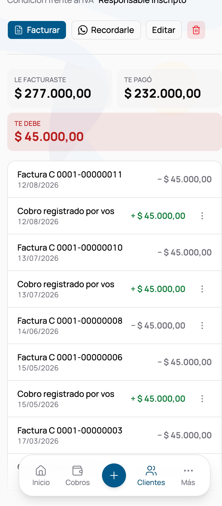 La ficha de un cliente en el teléfono, con las tarjetas de le facturaste, te pagó y te debe, y debajo sus movimientos con el importe de cada uno