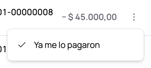 Un movimiento de la cuenta corriente con su menú abierto, mostrando la opción Ya me lo pagaron