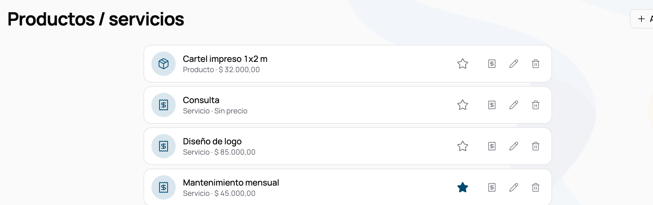 La pantalla Productos y servicios con cuatro ítems: uno con la estrella rellena, dos con su precio y uno que dice Sin precio, y el botón Agregar a la derecha del título