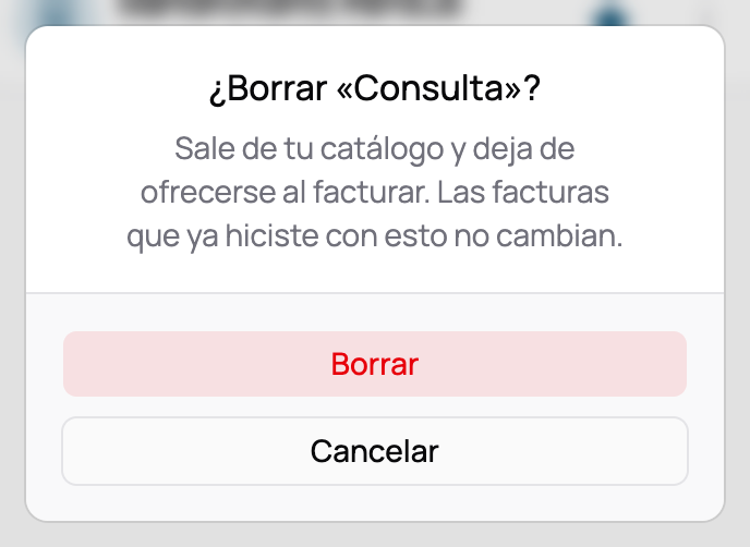 El pedido de confirmación para borrar un ítem, con su nombre en el título y los botones Cancelar y Borrar