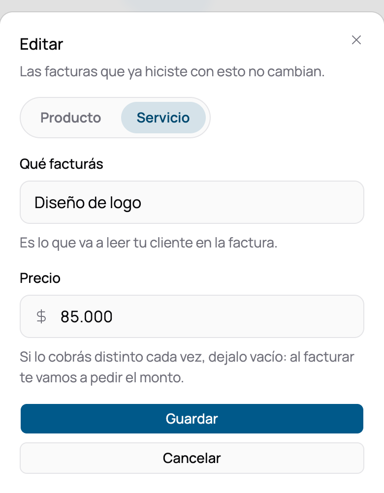 El diálogo Editar de un ítem del catálogo, con su descripción, el selector Producto o Servicio y el precio escrito con separador de miles